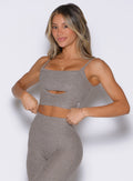 Smoked Taupe Studio Sculpt Bra featuring a dual-layer front cutout for supportive studio training.