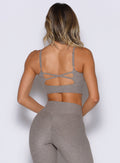 Smoked Taupe Studio Sculpt Bra featuring a dual-layer back and adjustable straps for yoga.