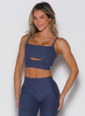 Space Blue Studio Sculpt Bra featuring a front cutout and clean neckline for elite gym support.