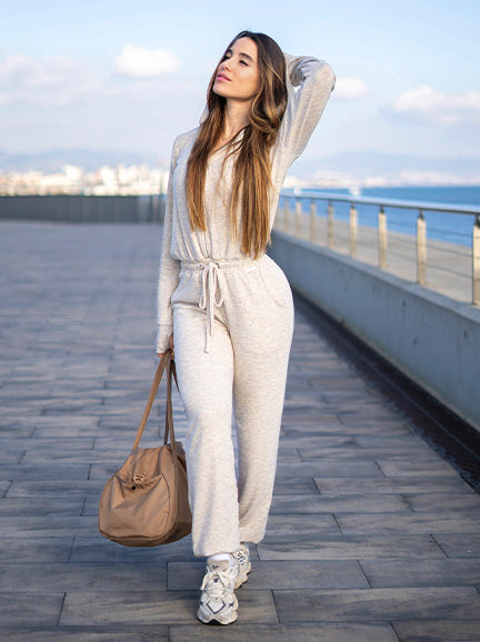 model in outdoors wearing lounge wear
