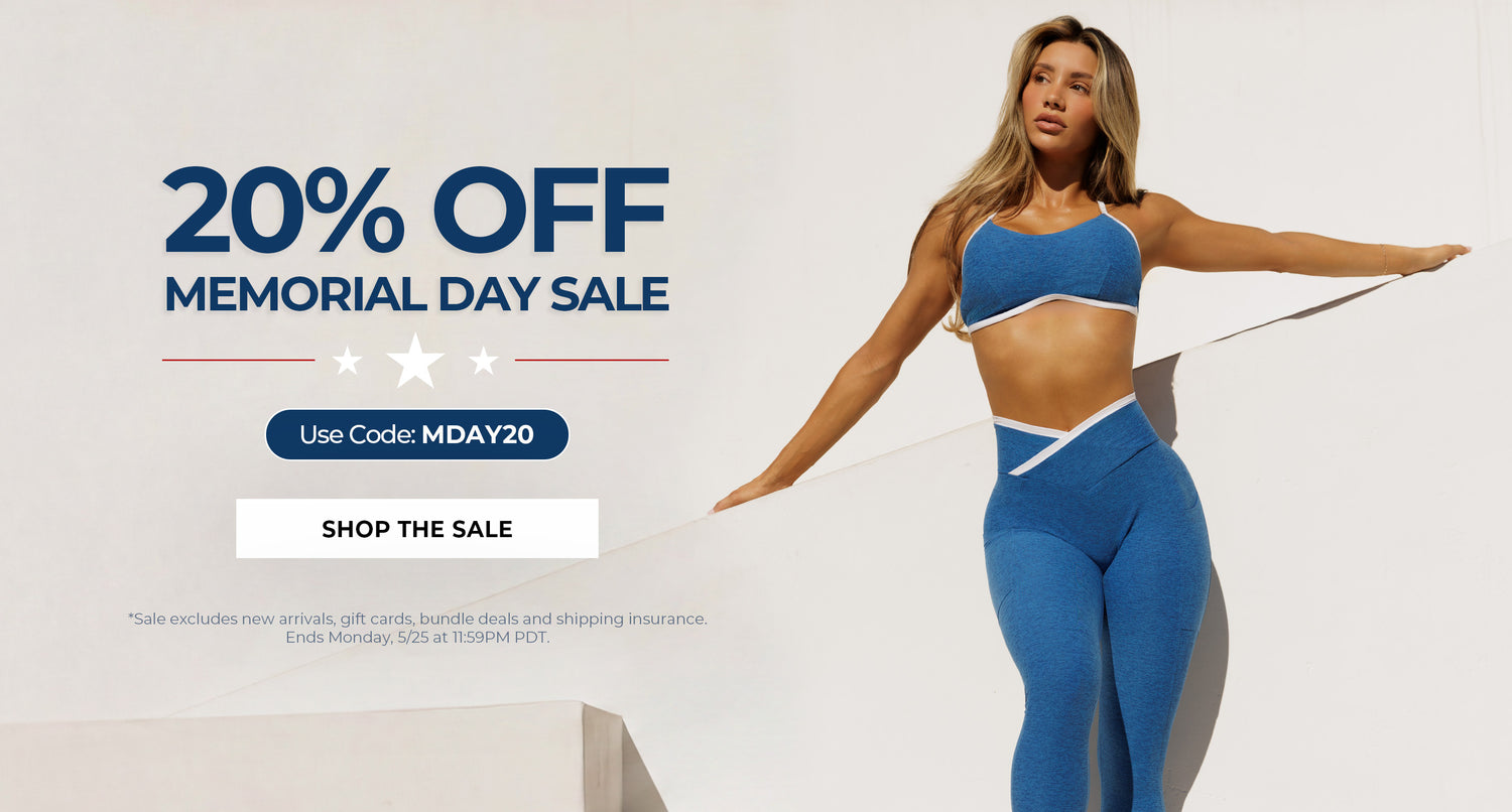 Woman in blue athletic wear with Memorial Day sale text on a white background. Text says 20% Off Memorial Day Sale Use Code: MDAY20 SHOP THE SALE *Sale excludes new arrivals, gift cards, bundle deals, and shipping insurance. Ends Monday, 5/25 at 11:59pm PDT
