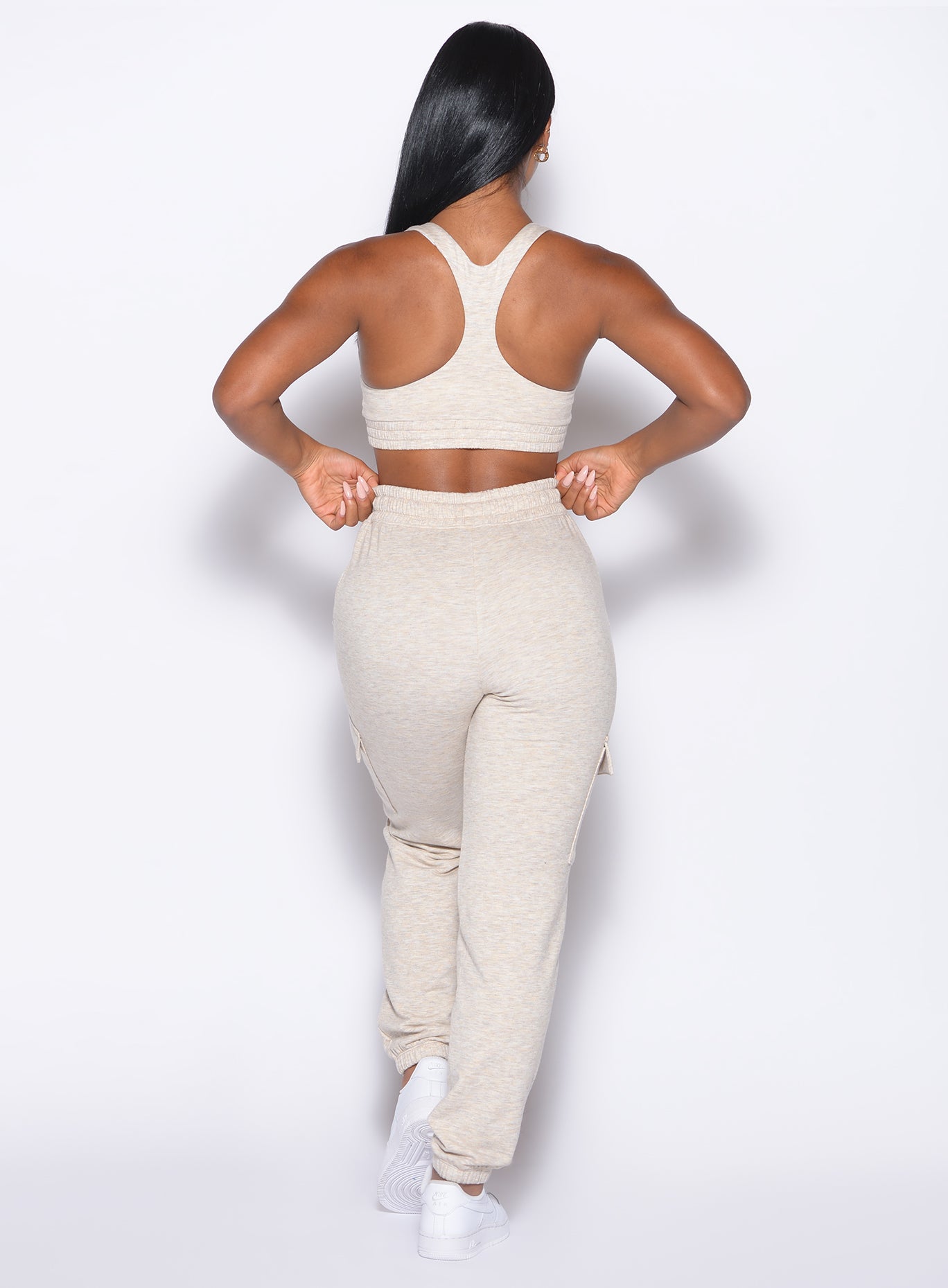Heathered Oatmeal Sweat Joggers with a ruched elastic waistband and cozy brushed fleece.