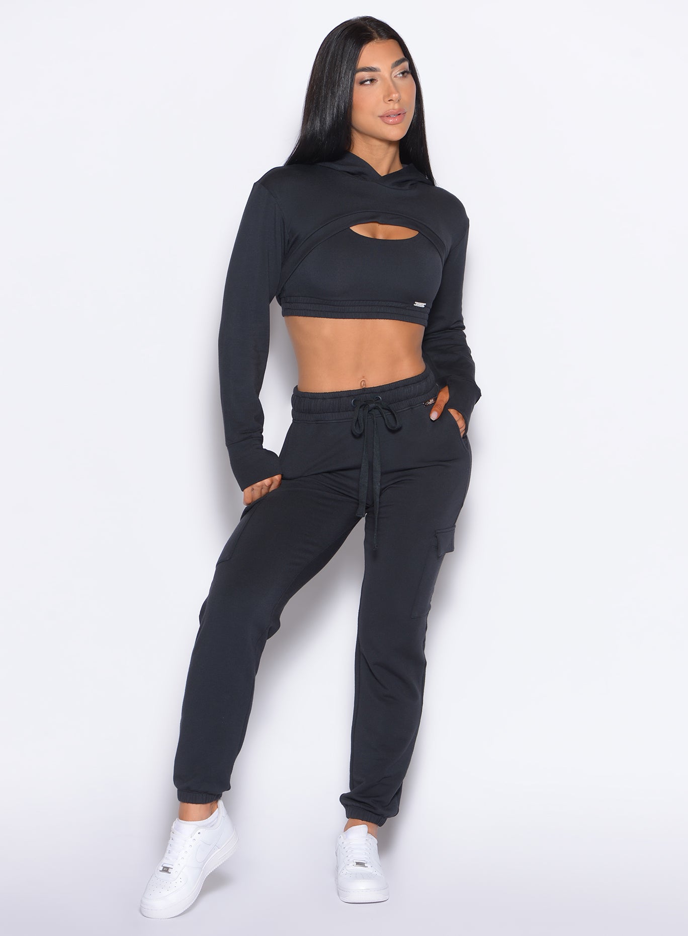 Vintage Black Sweat Joggers paired with matching bolero hoodie for a cozy, sculpting lounge fit.