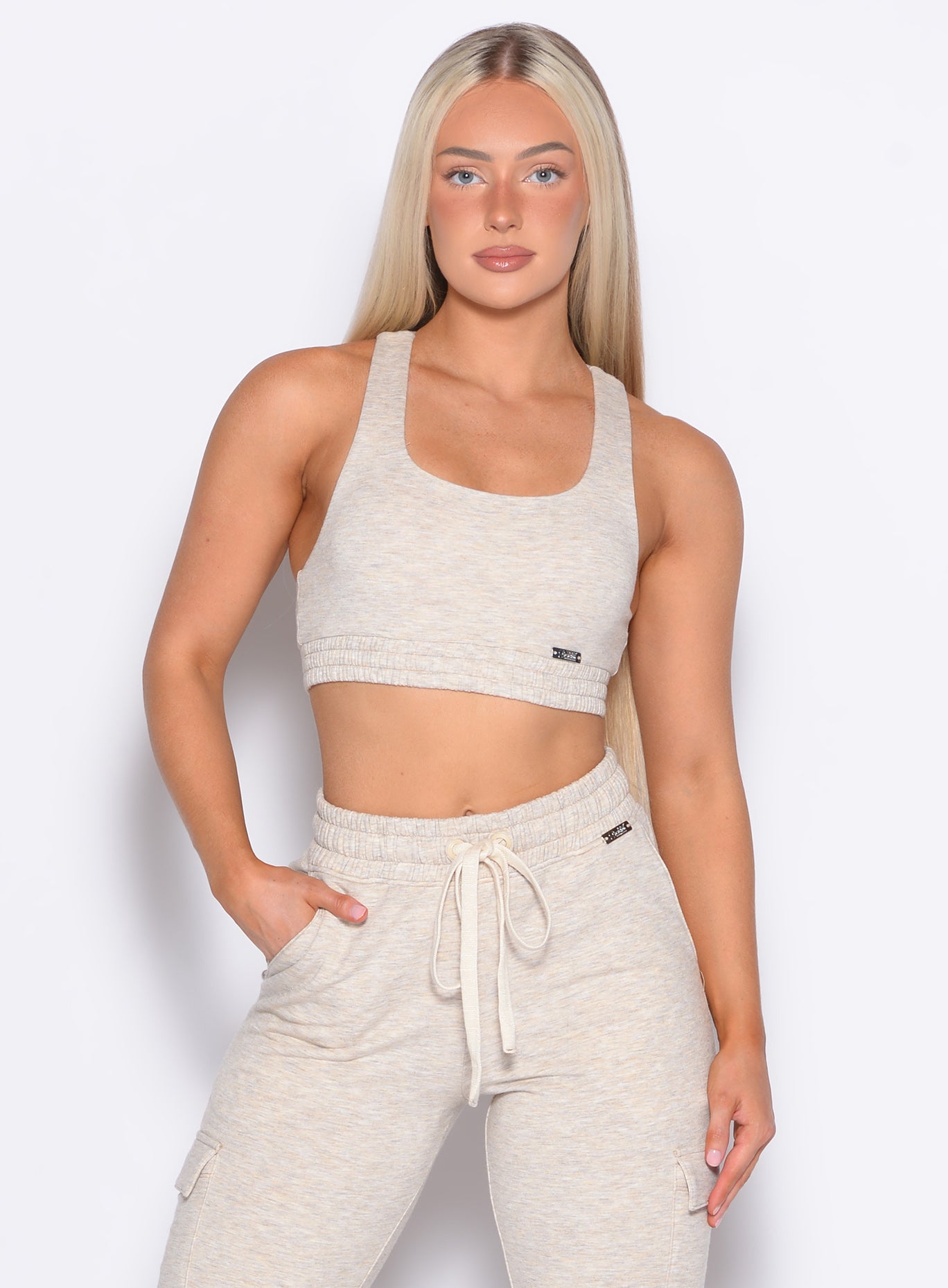 Heathered Oatmeal Sweat Lounge Bra: soft brushed fabric designed for low-impact workouts and rest.