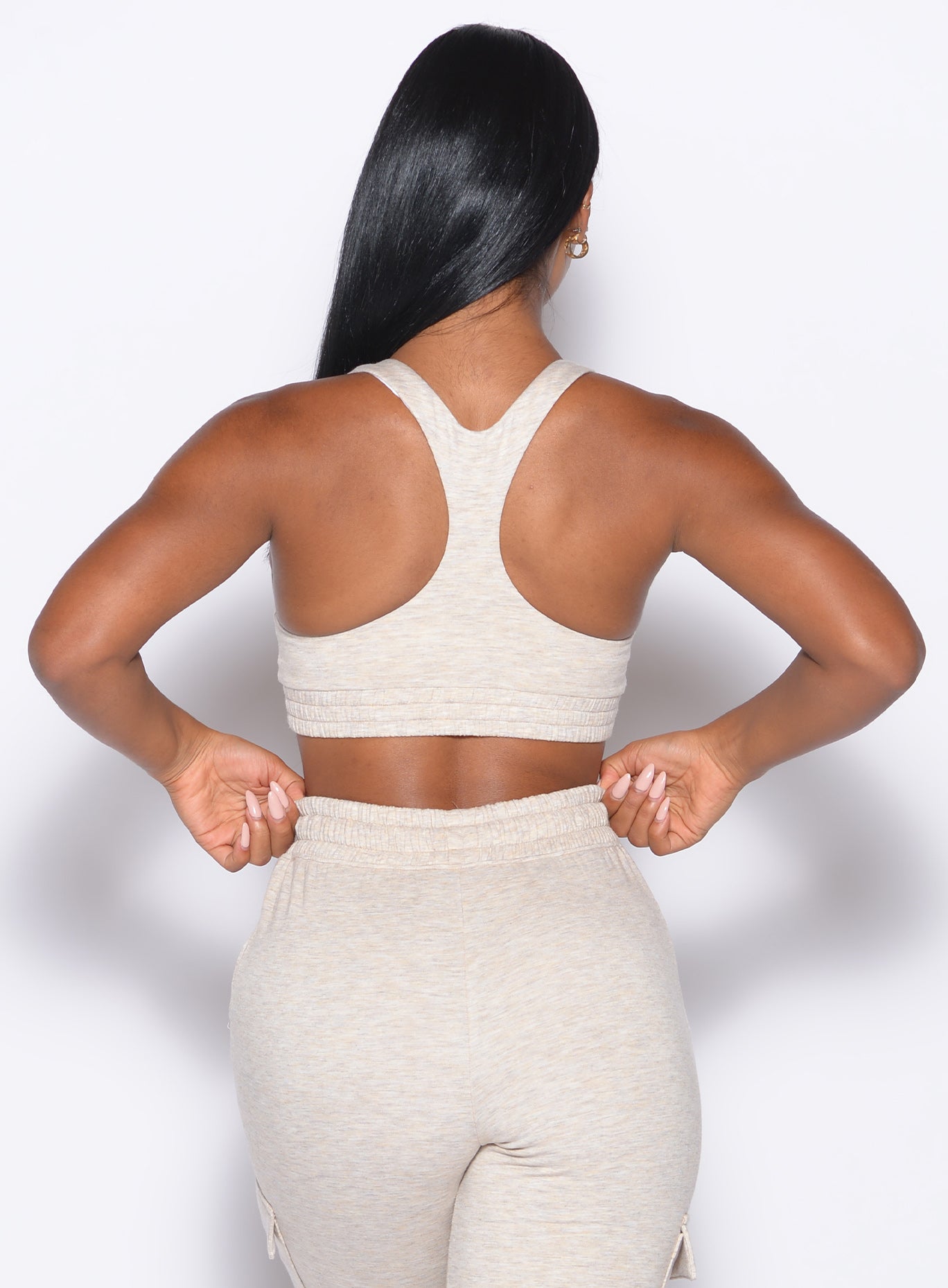 Heathered Oatmeal Sweat Lounge Bra; soft strappy back design for cozy lounging and low-impact fitness.