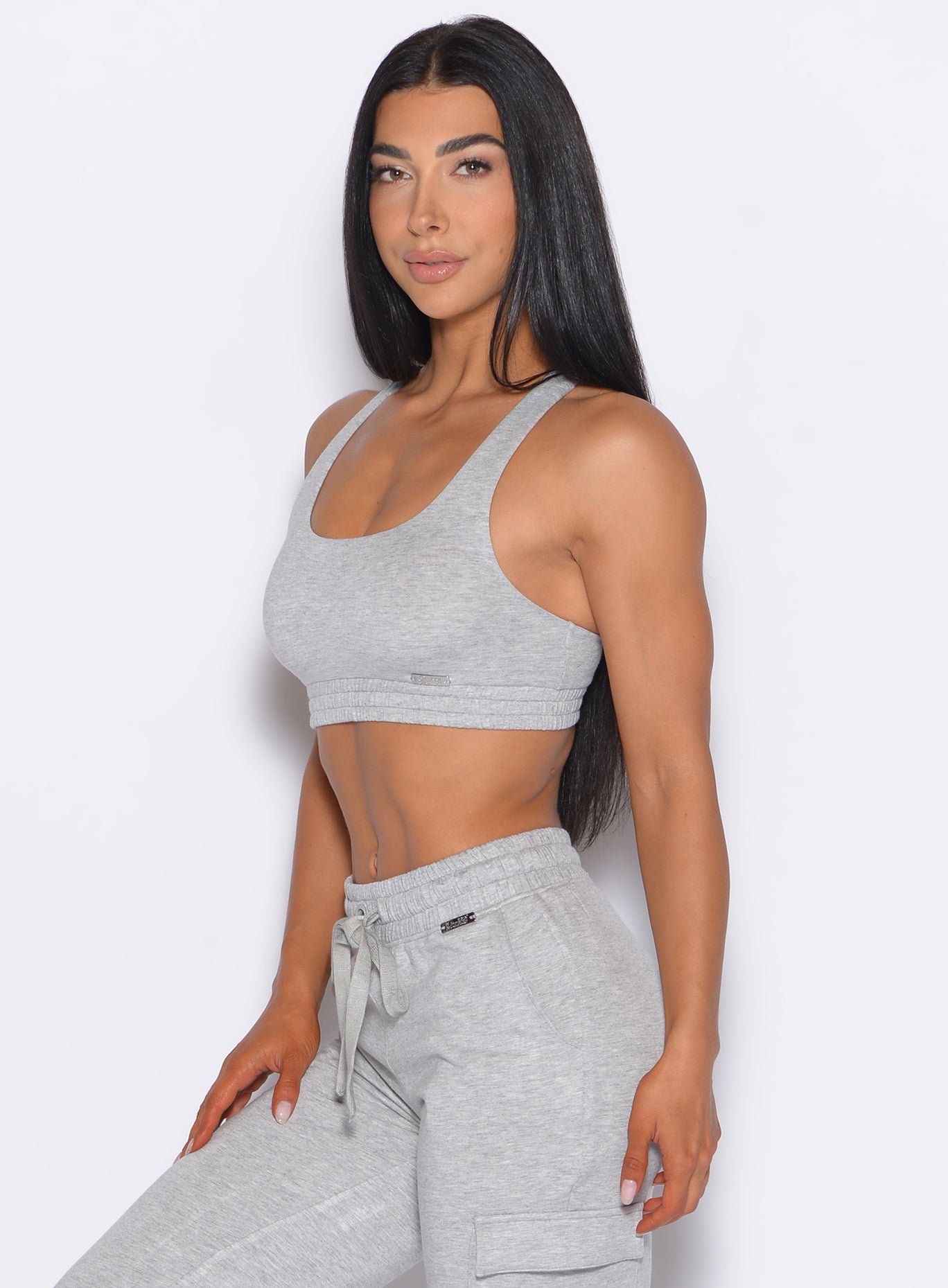 Light Heather Grey Sweat Lounge Bra with a soft scoop neck for cozy recovery and daily comfort.