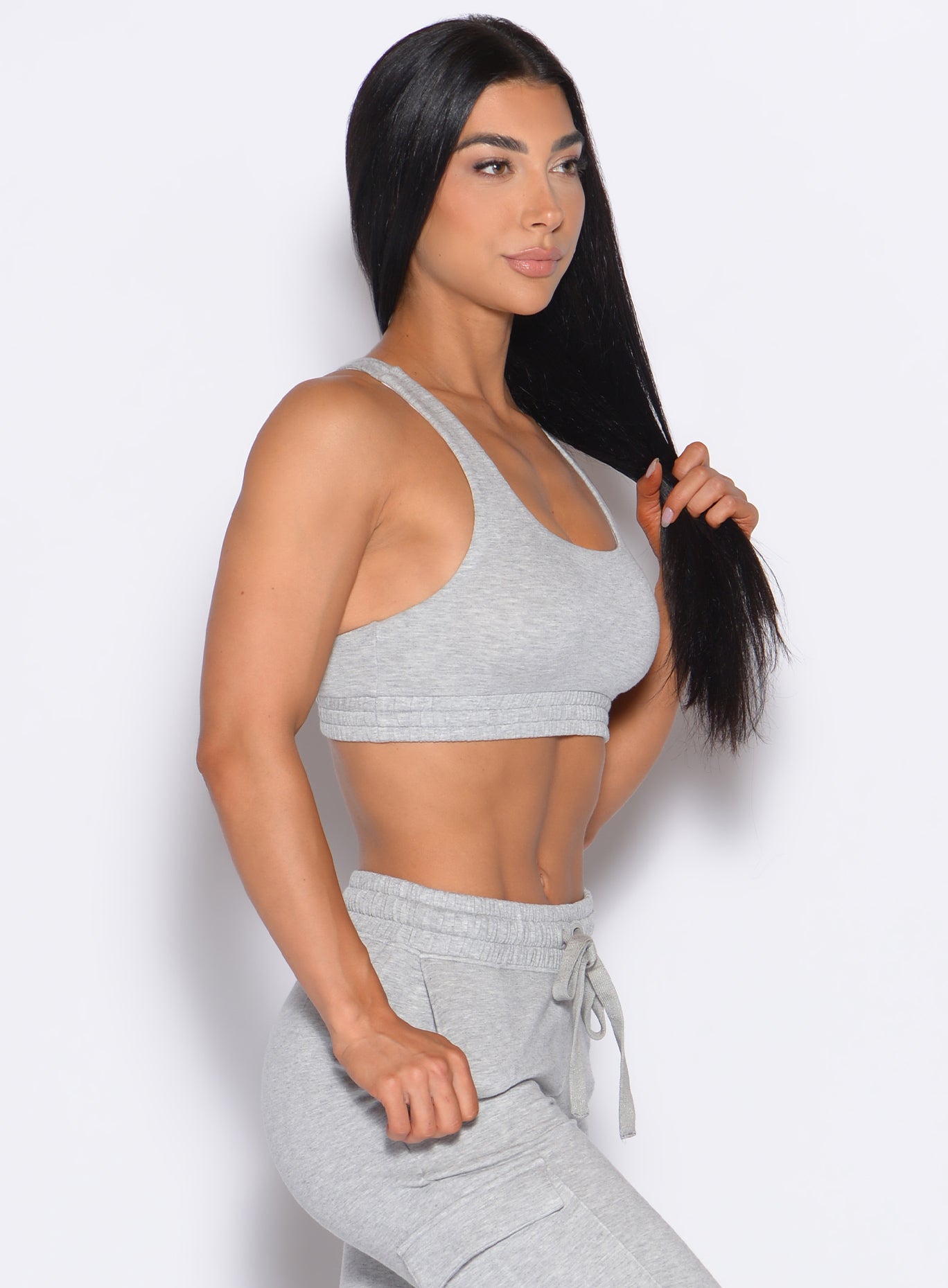 Light Heather Grey Sweat Lounge Bra with a soft scoop neck for a relaxed, ultra-comfy gym fit.