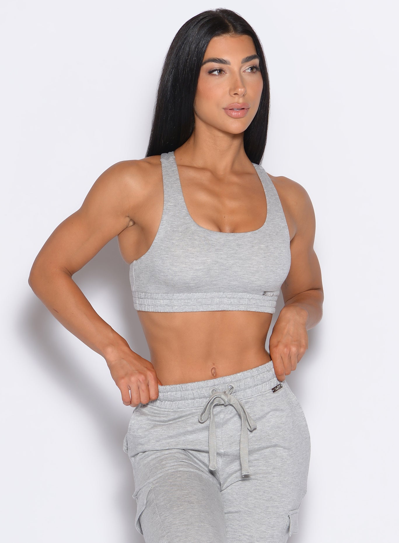 Soft Light Heather Grey Sweat Lounge Bra; a plush, ultra-soft staple for stylish gym recovery.