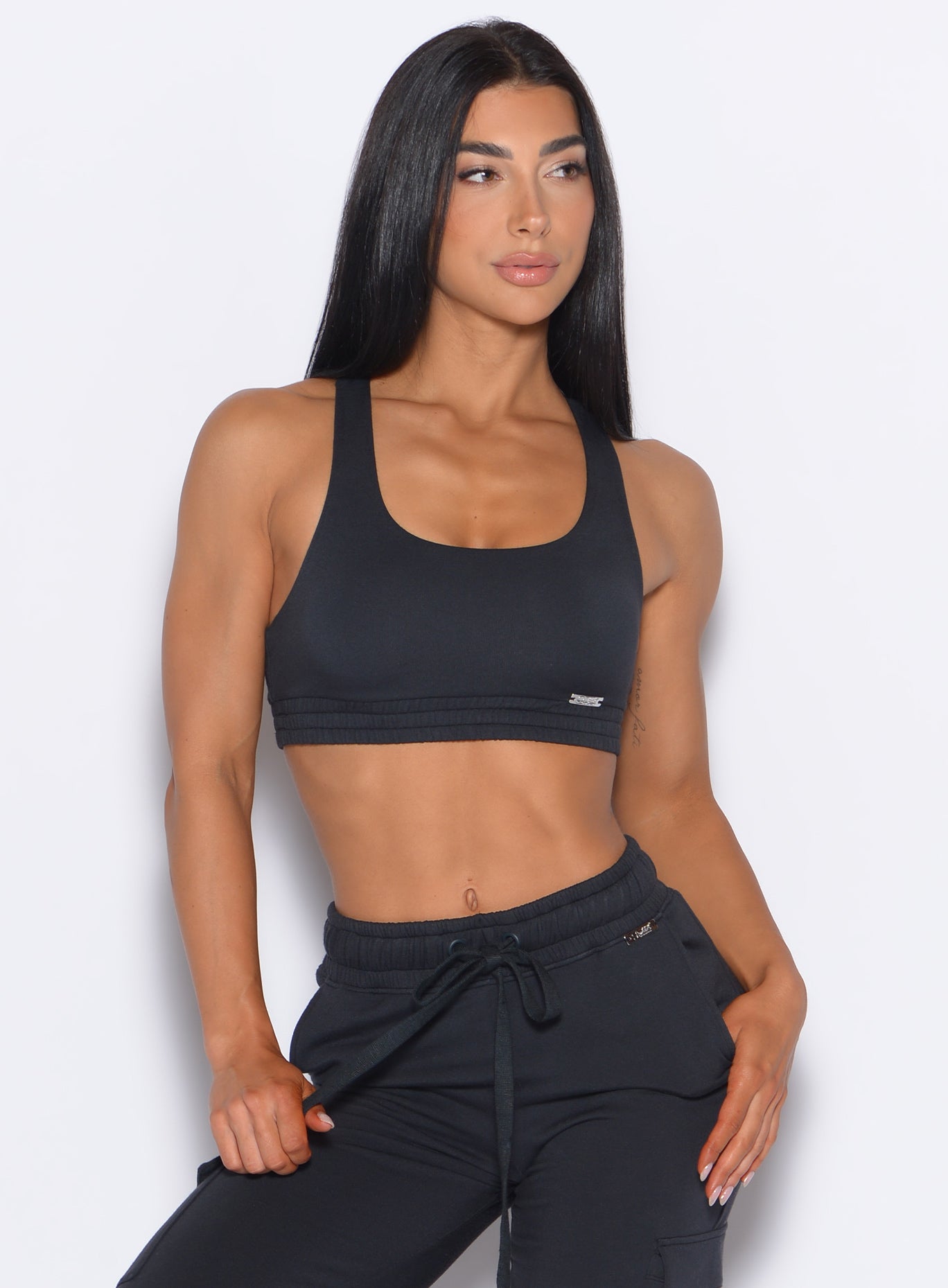 Vintage Black Sweat Lounge Bra: a minimalist essential for chic low-impact support and rest days.