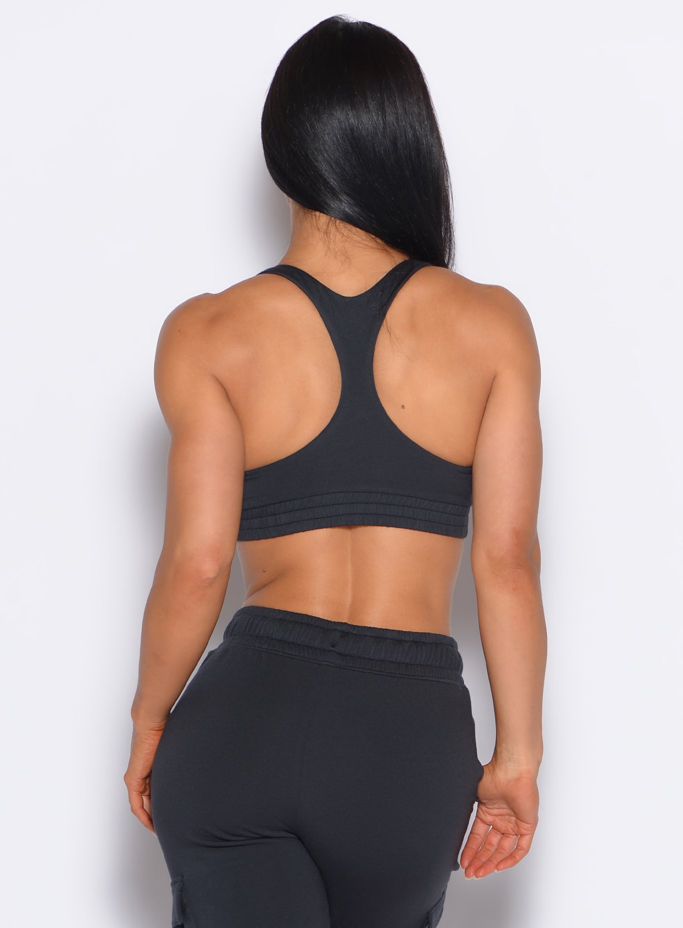 Vintage Black Sweat Lounge Bra with a supportive racerback, ideal for low-impact gym sessions.