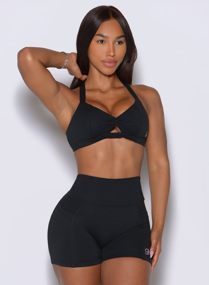Black Sweetheart Sports Bra features a keyhole opening and supportive scrunched center seam