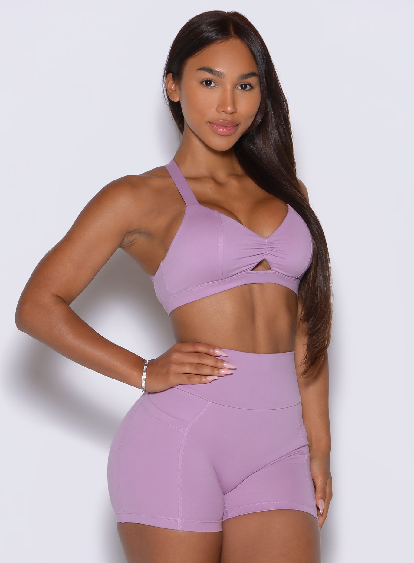 Smokey Grape Sweetheart Sports Bra features a keyhole opening and supportive scrunched front