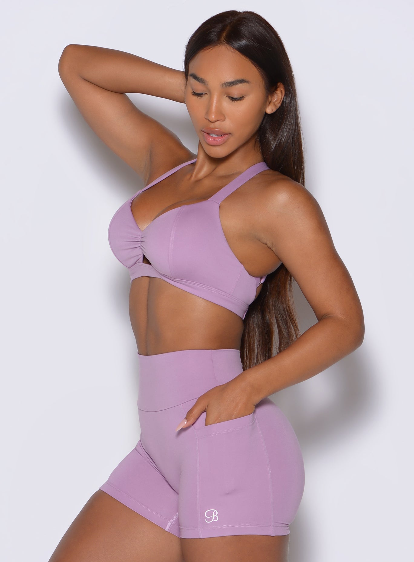 Bombshell Sportswear bra in Smokey Grape highlights a sculpting side profile and secure fit