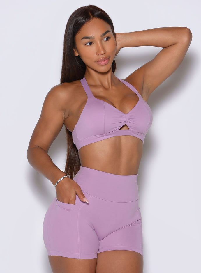 Sweetheart Sports Bra in Smokey Grape offers a flattering scrunched center for gym workouts
