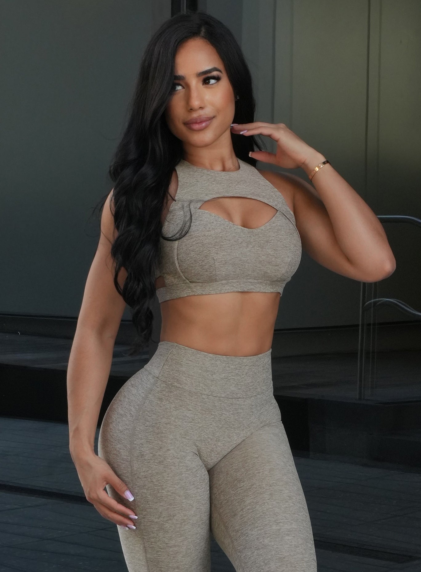 Toasted Sugar Powerhouse Bra with double-layered cut-outs for high-impact sculpting support.
