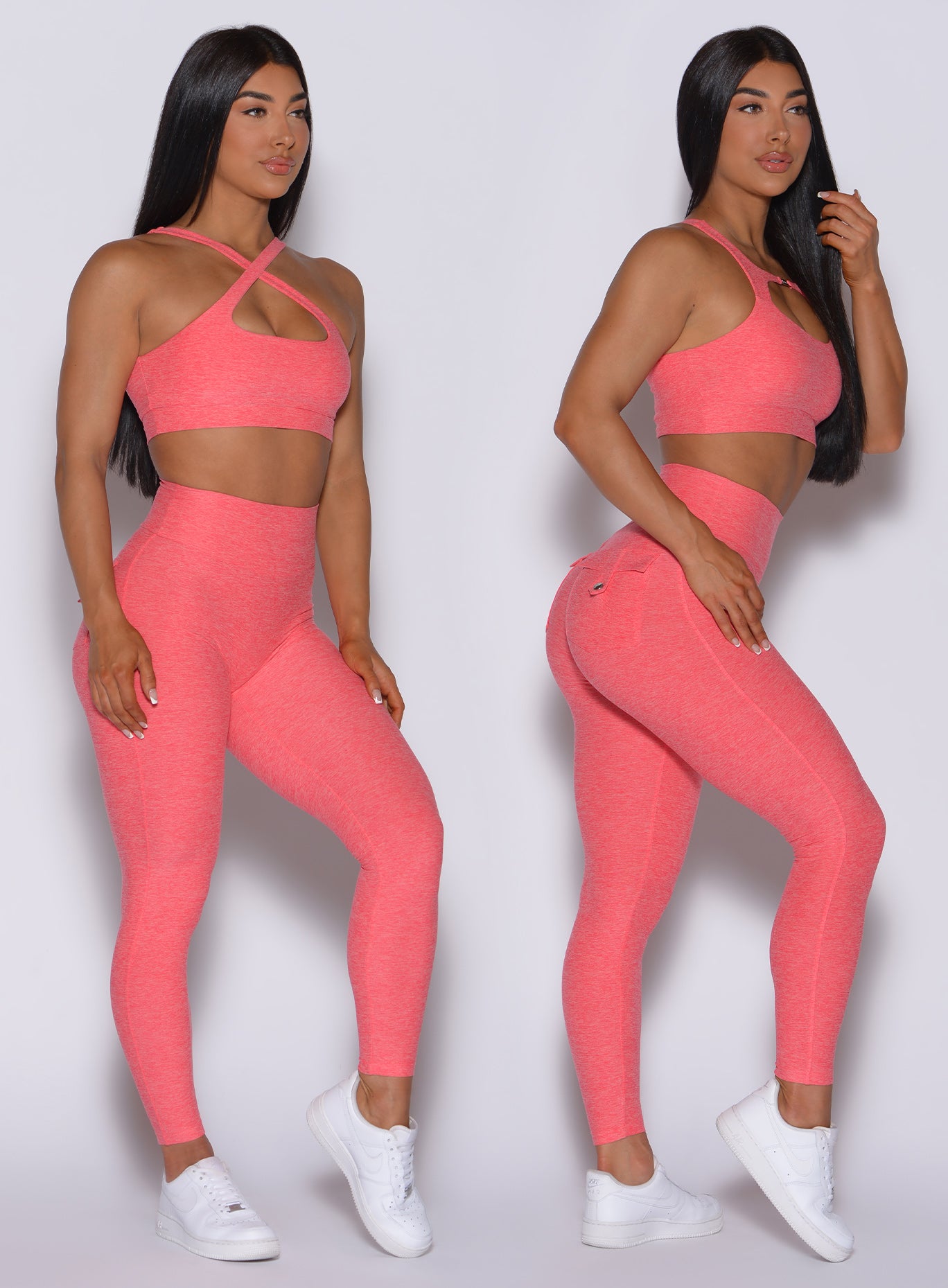 two front profile pictures of a model showing off our pocket pop leggings and a two way bra in papaya color 