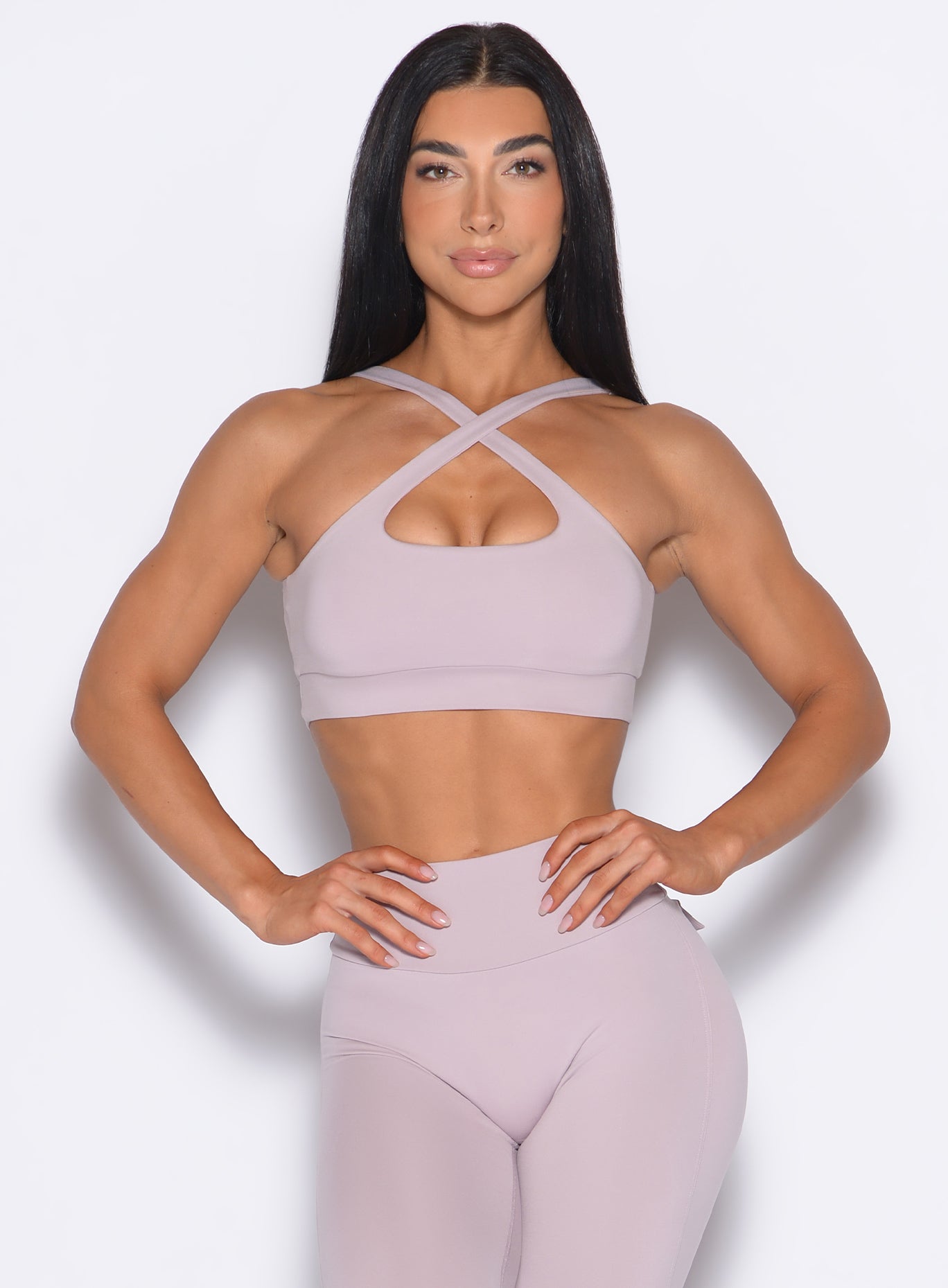 Violet Ice Two Way Bra with a versatile cross-front design for customized low-impact gym support.