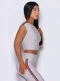 Close-up view of the Ice United Tee, featuring double stripe contrast binding on cropped sleeves.