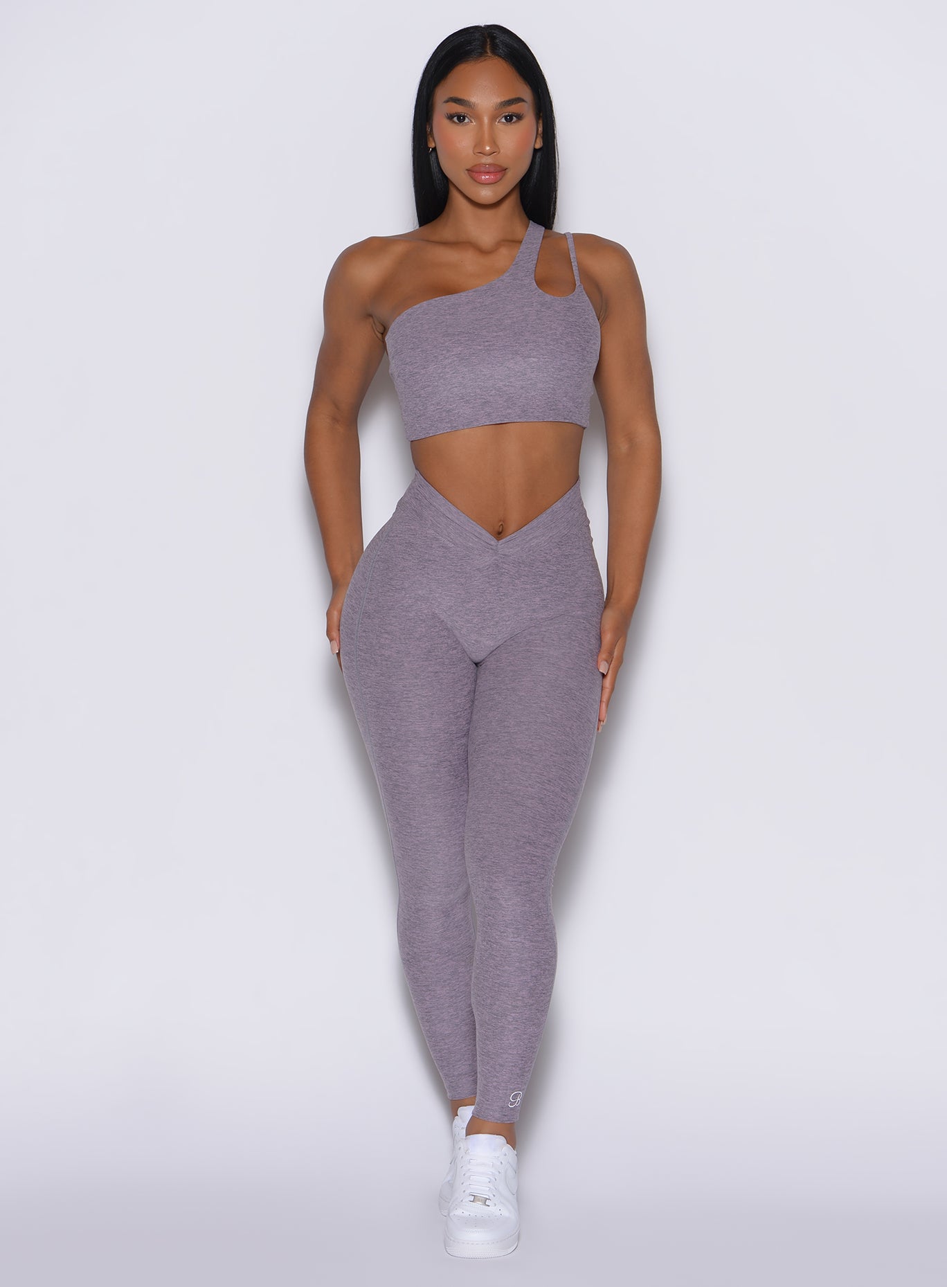 Lilac Grey V Active Leggings with deep V-waist and front scrunch for a sculpted gym fit.