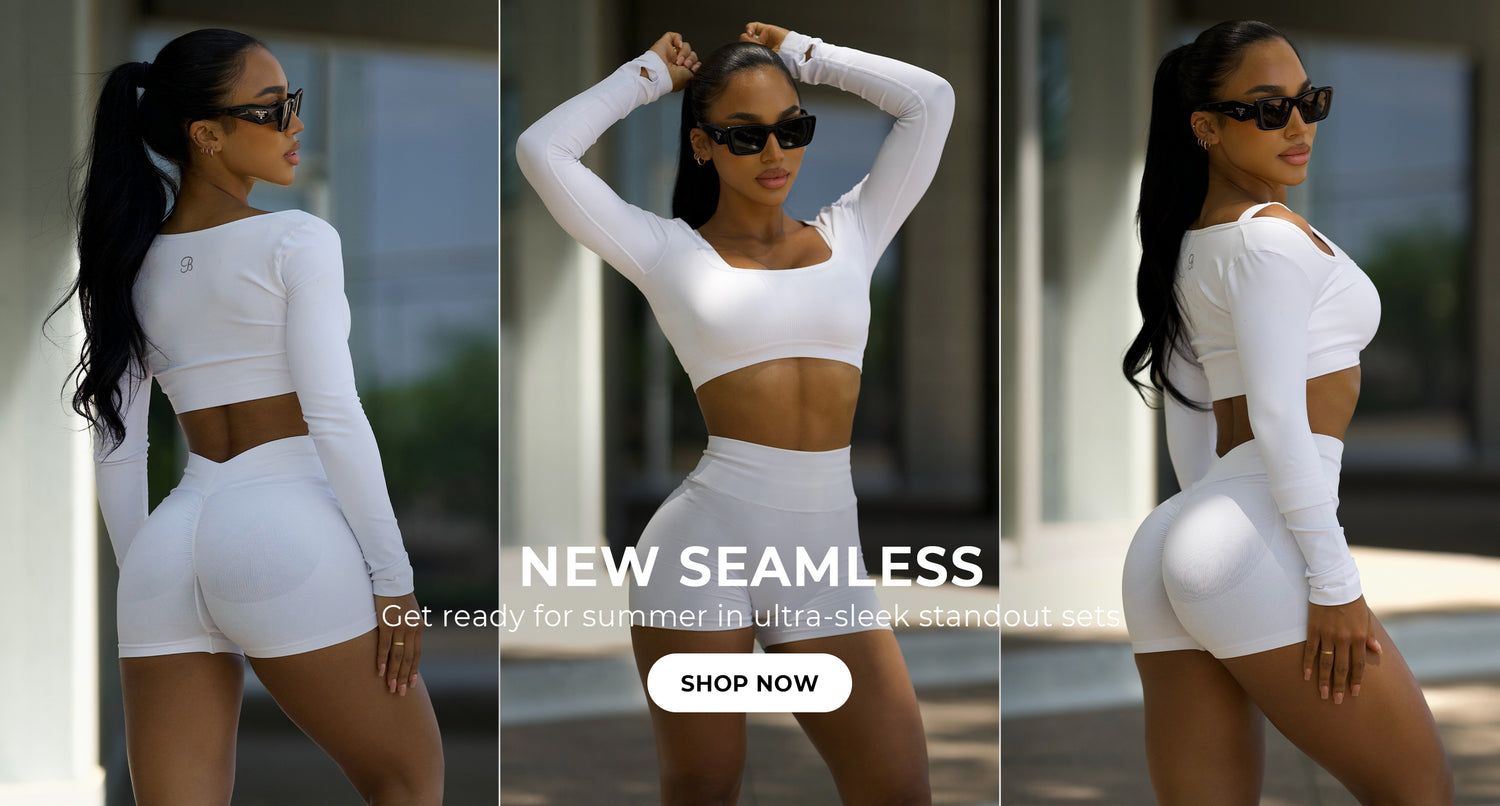 Model in sunglasses posing back, front, and right side profile in the Square Seamless Bra, V Seamless Shorts, and Square Neck Pullover in White