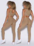 back profile view of a model showcasing the two way wearing option of the Two Cute Tank Bra in sandstone color
