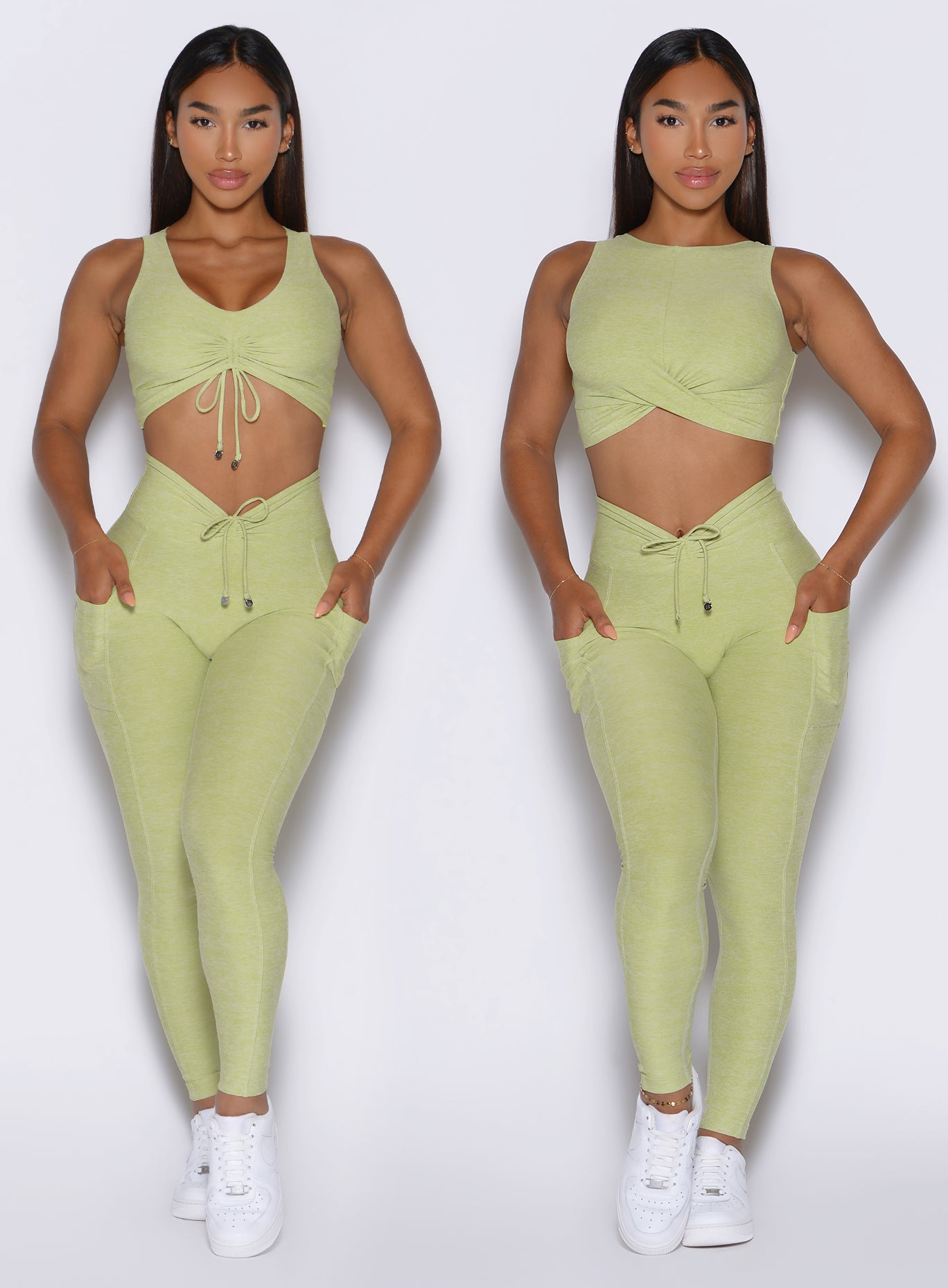 front view of a model showcasing the two way wearing option on the Two Cute Tank Bra in serpentine color