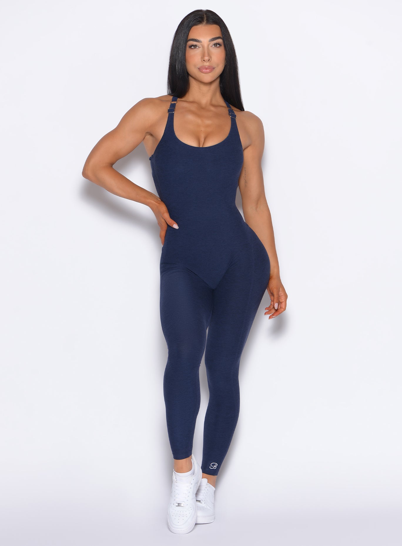 Cosmic Blue Athletic Bodysuit with a sleek racerback and second-skin fit for high-impact yoga.