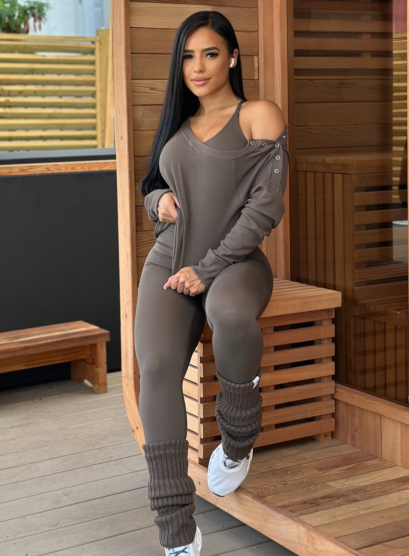 Winter Oak Luxe Leg Warmers in a plush ribbed knit; perfect for cozy outdoor fitness layering.