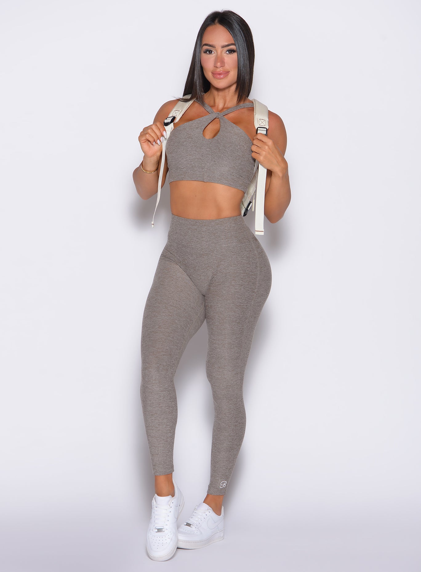 Smoked Taupe Bombshell Bunny Leggings in heathered fabric, styled for a versatile active lifestyle.