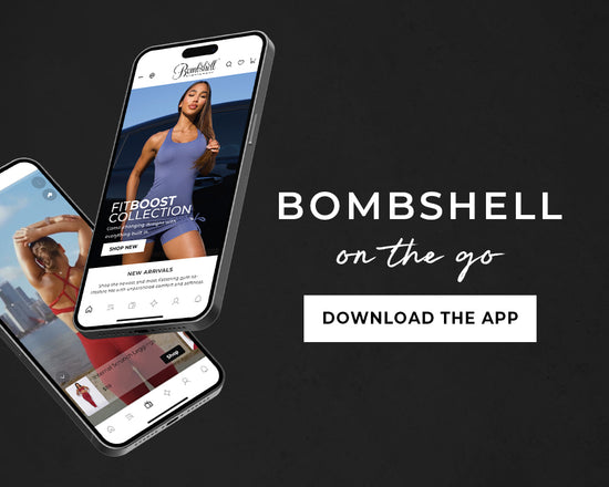 Image of cell phones featuring the bombshell sportswear app and on the right reads text 