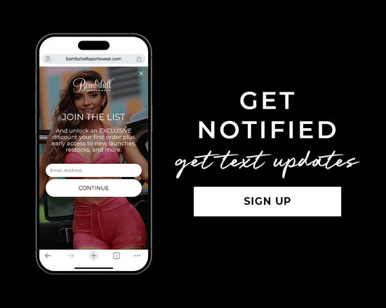 Image of a cell phone featuring the bombshell sportswear app and on the right reads text 