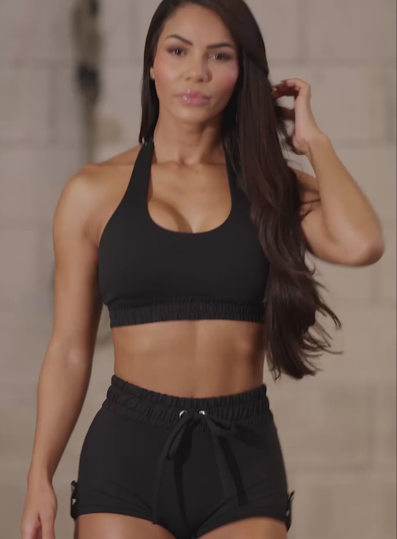 Black Cargo Edge Shorts featuring a cinchable waist and internal scrunch for a sculpting gym fit.