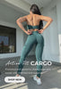 Video of a fit model wearing an active set. The set includes a jewel tone green halter sports bra and matching leggings with cargo pockets. White text reads: 'Active Fit Cargo. Pocketed and powerful, these cargo sets sculpt with softness and support.' CTA 'Shop New'