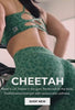 Video of a woman exercising in a green cheetah print activewear outfit with text overlay that says "CHEETAH Made in LA. Tested in the gym. Perfected on the body. Performance strength with second-skin softness. SHOW NEW"