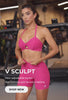 Woman wearing a pink halter sports bra and high-waisted shorts while working out in gym. Text on the image reads, "V Sculpt – New adjustable styles—like nothing you’ve worn before." CTA "Shop Now"