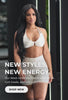 New Arrivals" mobile banner video with a woman in soft, seamless activewear stretching in a sunlit room. Bold text: “New Drops, Just In”; CTA button reads “SHOP NOW.” Subtext reads “Get them before they’re gone.