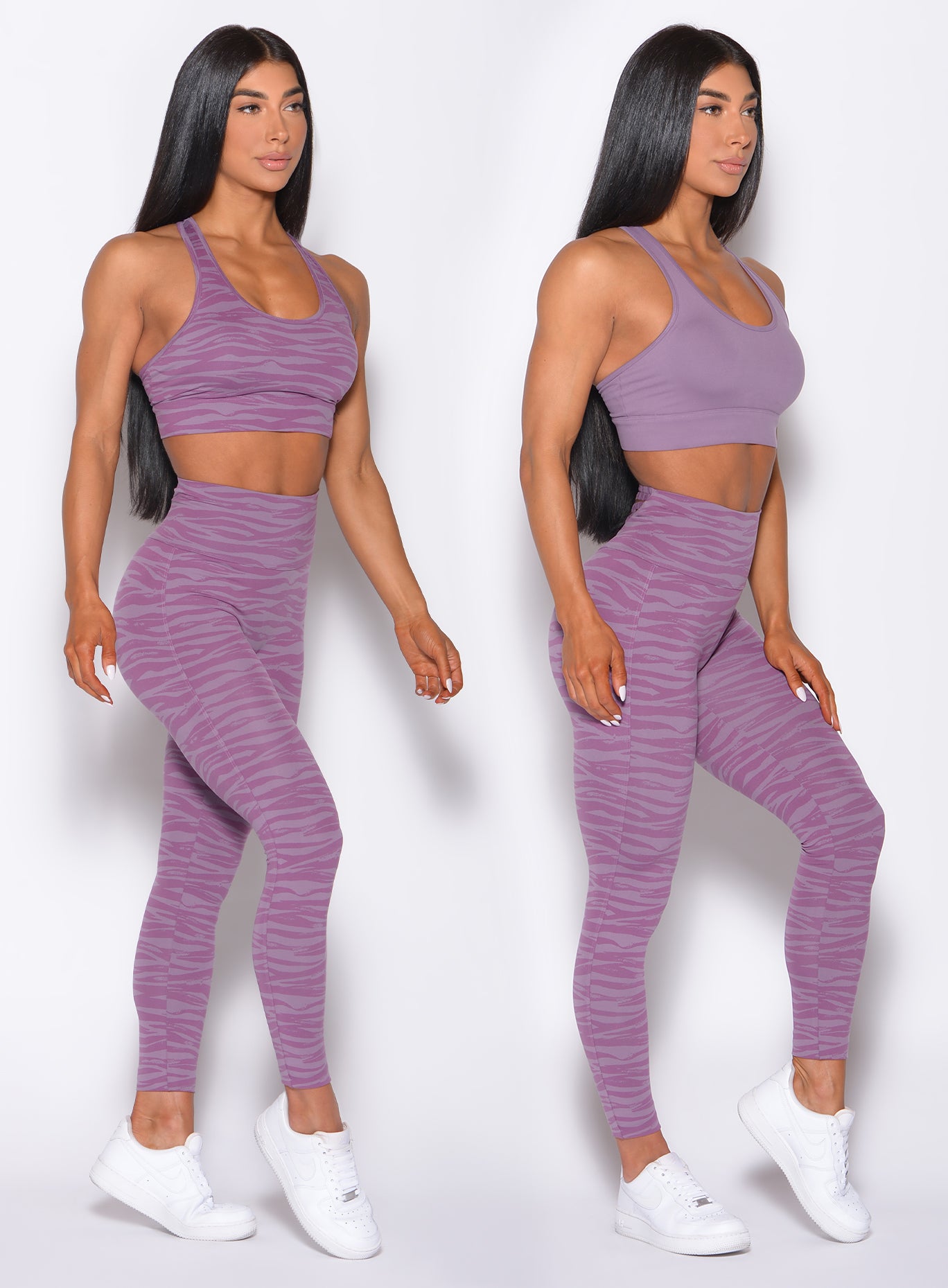 Two pictures of a model wearing our sexy back leggings in orchid purple color along with two matching bras 