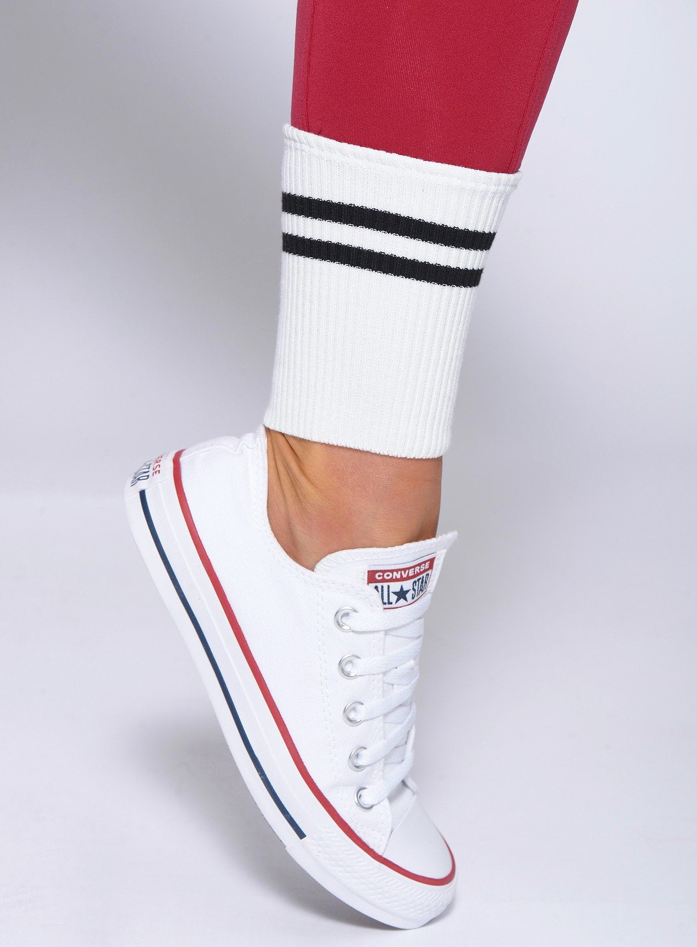 Enlarged view of the ankle portion of the Ankle Sock leggings in maroon showing the stripes 