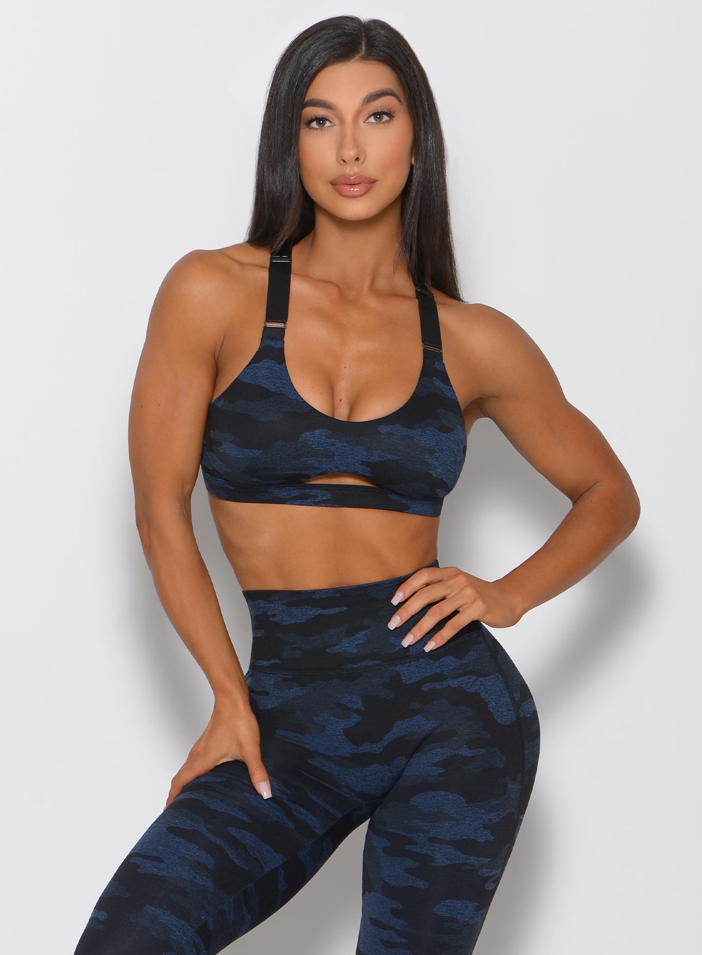 Front view of the model wearing the blue black camo sports bta