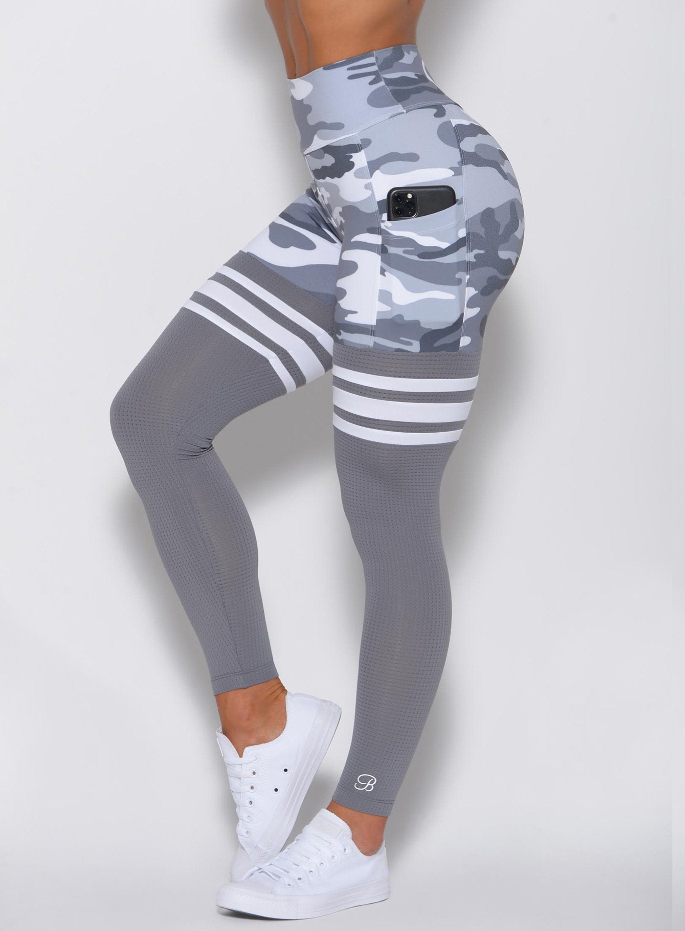 Zoomed in view of the high waisted gray camo with 2 side pockets and 3 white stripes on each side 